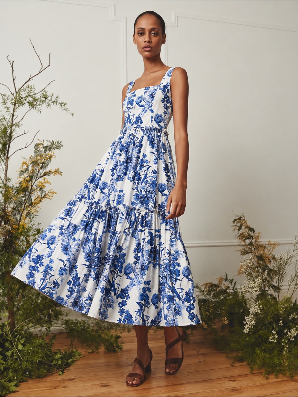 Cara Cara Claire Dress - White Midi Dress with Blue Floral Print